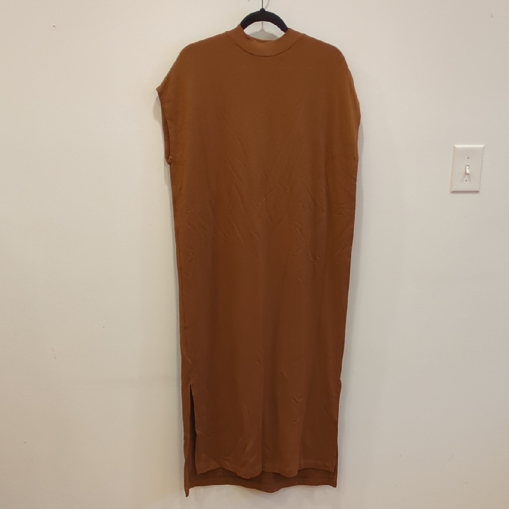 Roucha Women Tan Brown Soft Jersey Column Dress Minimalist Utility Neutral Basic